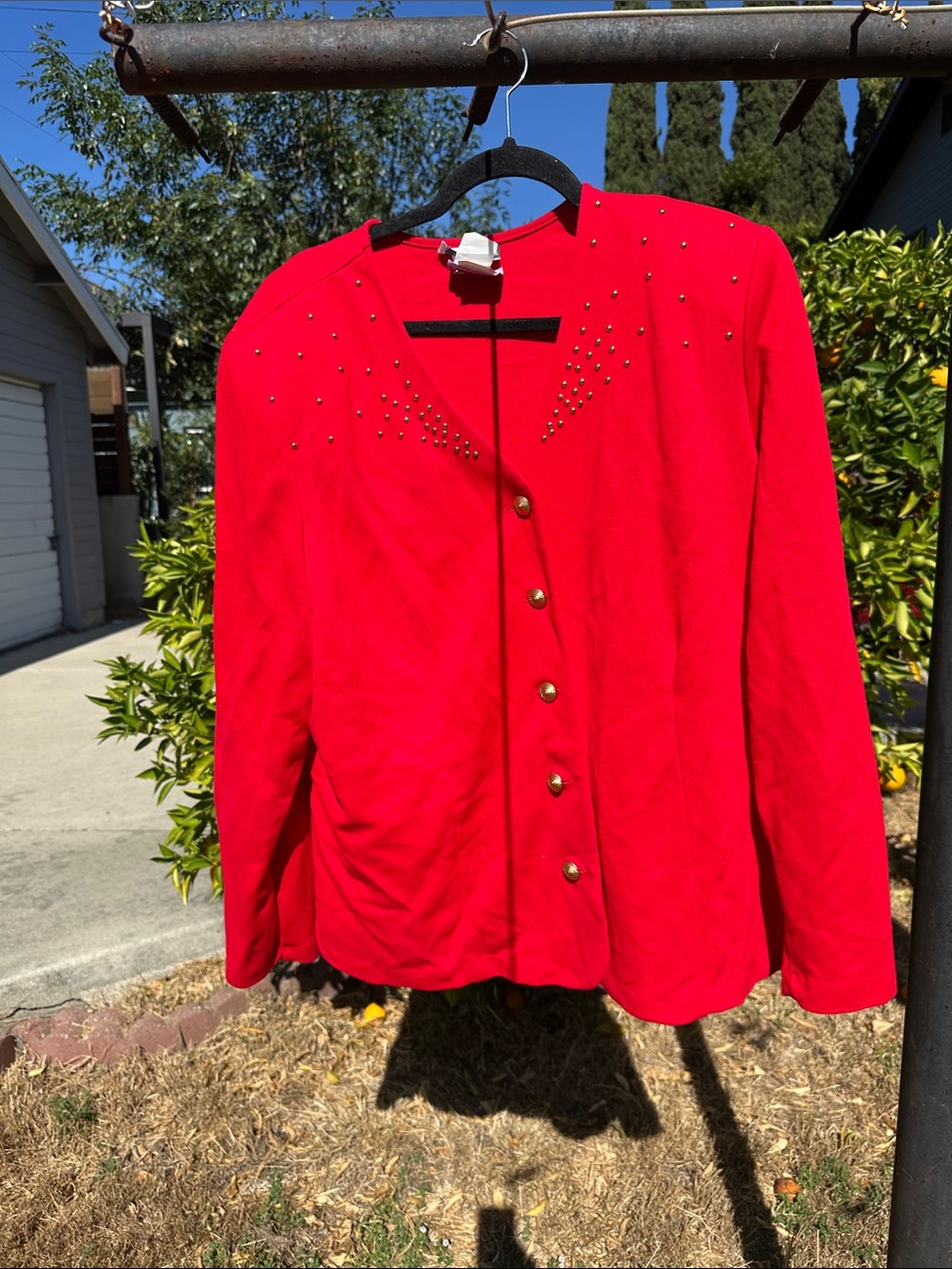 Vintage Stud-Accent Red Button-Front Blazer Jacket